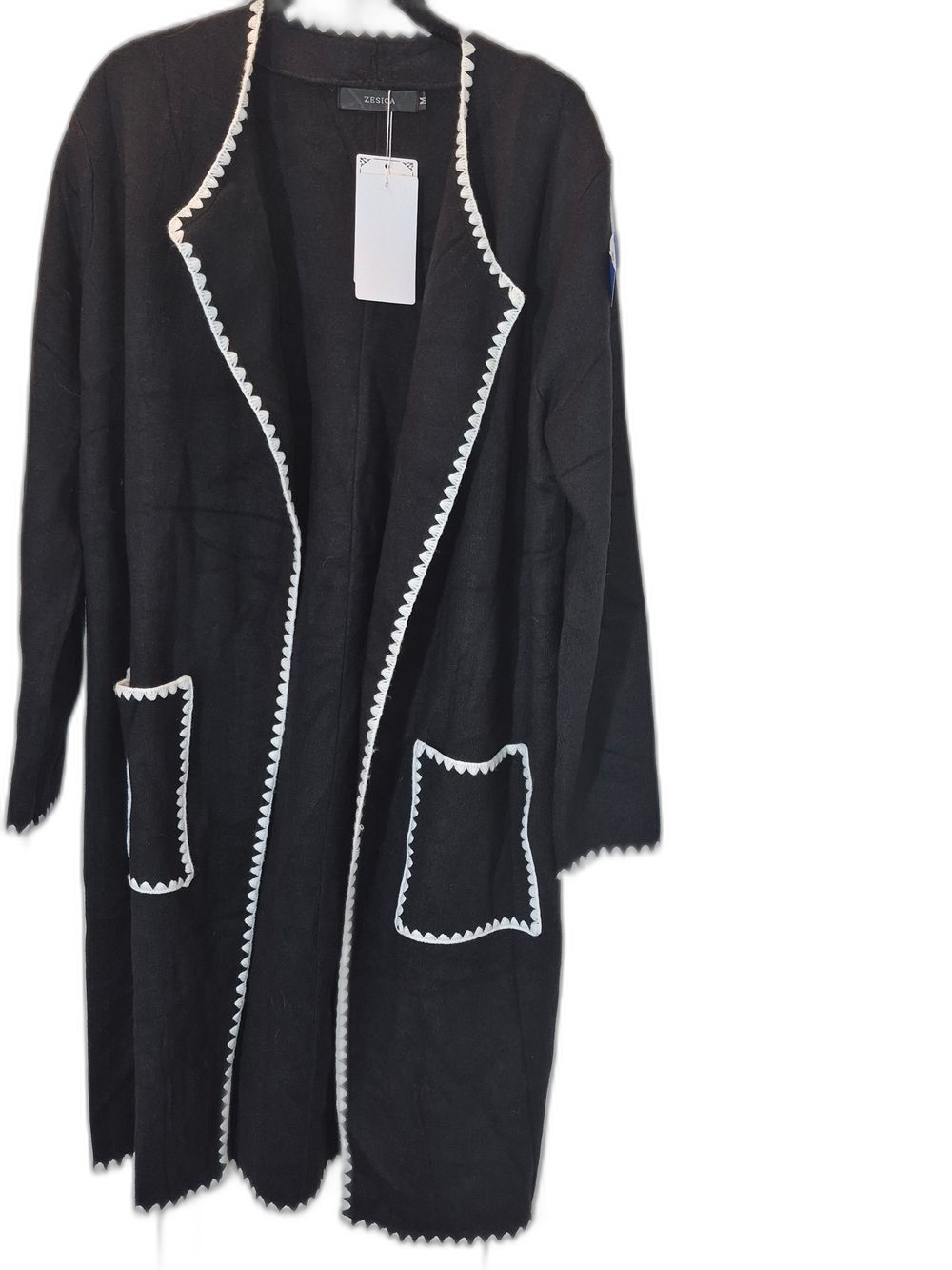 Zesica Black Open-Front Trench Coat with White Trim - Med